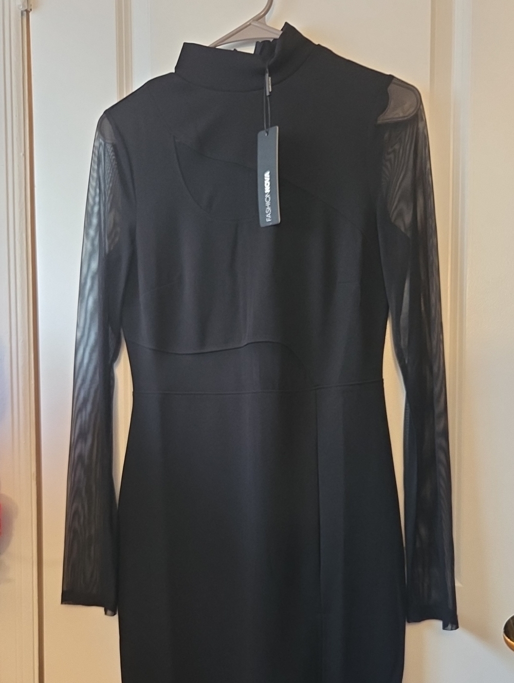 Fashion Nova Black Long Sleeve Mesh Sleeve Mock Neck Dress